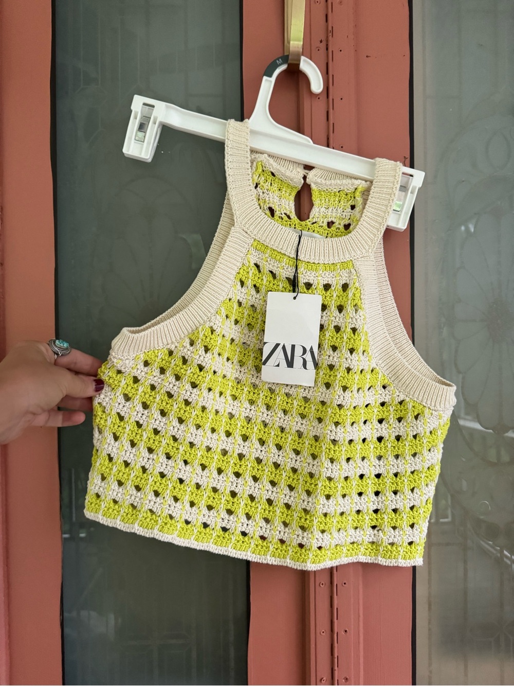 ZARA Cream and Lime Crochet Tank Top